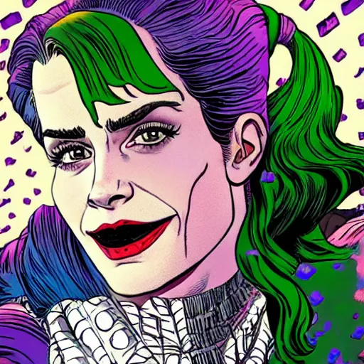 Image similar to dynamic macro head portrait of beautiful emma watson as the joker in white sequined jacket by john romita sr and cory walker and ryan ottley and jack kirby and barry windsor - smith, comic, illustration, photo real