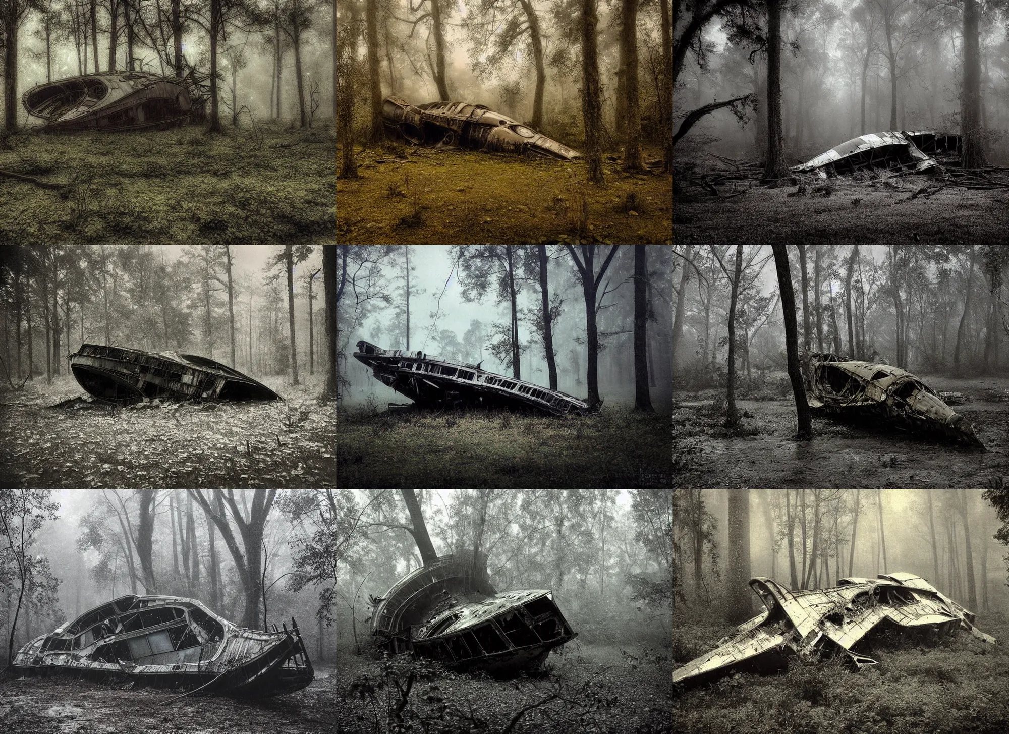 Prompt: 1 8 0 0 s photograph of a crashed abandoned starship in swamp filled woods, rainy and foggy, soft lighting