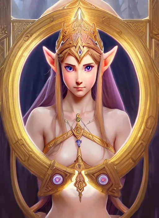 Prompt: perfectly detailed princess zelda!! blessed by nature with ever - increasing physical mental perfection, symmetrical! intricate, sensual features, highly detailed, biblical divine holy perfection!! digital painting, artstation, concept art, smooth, sharp focus, illustration, art by artgerm and greg rutkowski and alphonse mucha