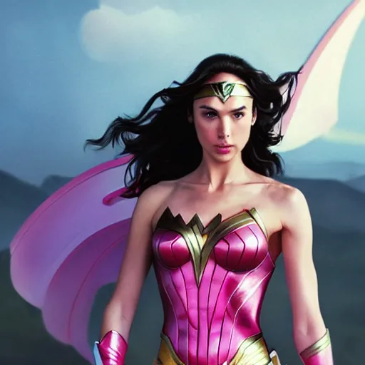 Image similar to gal gadot as the pink power ranger in the style of makoto shinkai zhaoming wu, john collier, albert aublet, cedric peyravernay. sharp focus, semi - realism, intricate detail. unreal engine, octane rendering