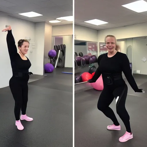 Prompt: Darth Vader in a unitard at Curves working out and doing aerobics