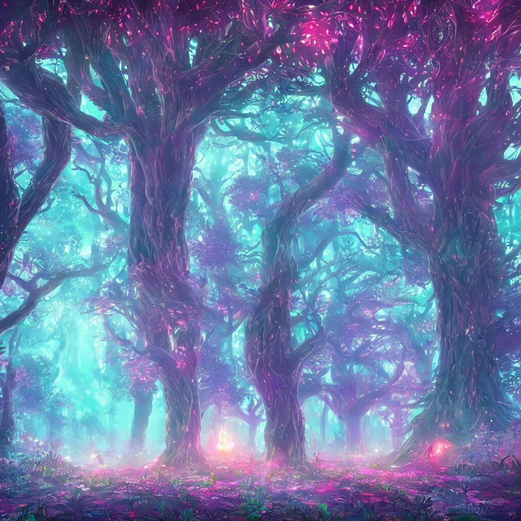 Image similar to huge trees, misty nighttime. radiating colorful energy. photorealistic, moody atmosphere, volumetric shading, holographic undertones, intricate and detailed, highly saturated colors. ori and the blind forest, breath of the wild style, studio ghibli!!!. trending on artstation. award winning, daily deivation. pastel!! pink accents.