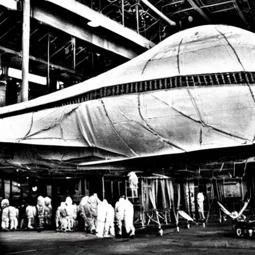 Image similar to dismantled ufo spaceship in hanger with people in hazmat suits standing around, grainy, vintage photo, sepia, old photo, realistic, detailed,