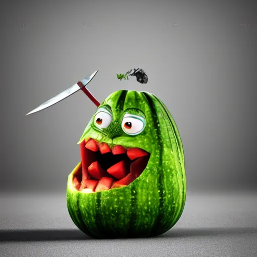 Image similar to detailed 3 d render of an angry furious zucchini with a bloody sword in his hand, running down the road chasing after a group of scared tomatoes, hyper realistic octane render, dramatic lighting, high speed chase, nightmare, surrealism, pixar, disney, cartoon