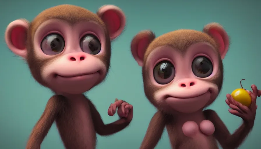 Image similar to very very very cute baby monkeys by Max Kostenko and Bobby Chiu, photoreal, wow, red nose studio, psychonauts, psychonauts 2, character design for animation, uplight, a lineup of characters, symmetrical eyes, cuteness, 3d render, octane rendered, rendered in maya and houdini, highly detailed, unreal engine, Trending on Artstation, octane render, 4k, 8k, HD