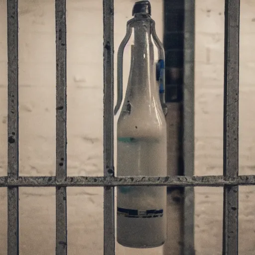 Image similar to bottle of milk inside a jailcell behind bars on the dirty floor