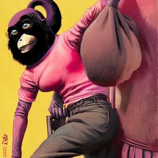 Image similar to monk fight monkey with pink gloves, retro 5 0 s style, art by by greg rutkowski and siudmak and richard corben and moebius