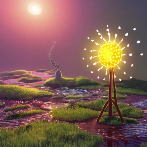 Image similar to tiny wooden windmill, floating, rbc, radiolaria, protophyta, micro - organisms, center frame, symmetric, rim light, marine microbiology, bioluminescence, electric, soft, concept art, intricate details, highly detailed, colorful, photorealistic, disney pixar, octane render, iridescent, anime, 8 k