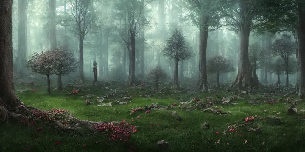 Prompt: A memorial grove of trees of various sizes dedicated to missing people, metal plaques, solemn, brooding, somber tone, flowers, game art matte painting hyperdetailed, artstation, cgsociety, 8k, surreal dream landscape