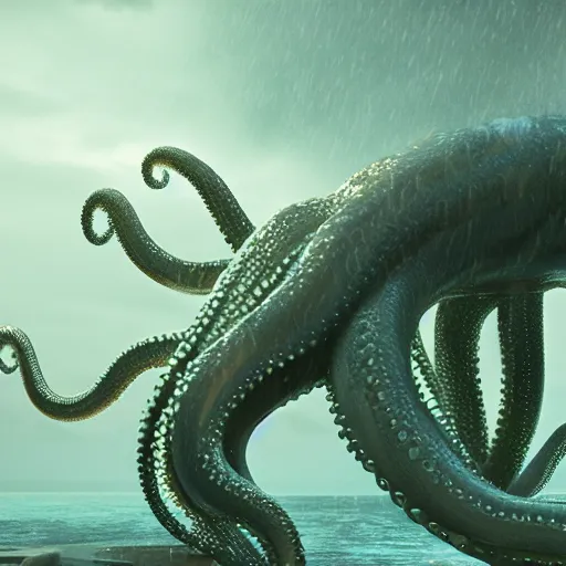 Image similar to giant wet glistening medusa octopus chimera, dripping mucus from its tentacles, ocean, storm, mist, low key dramatic lighting, octane render, in the style of sam shearon