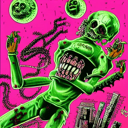 Image similar to garbled monstrosity, 1983 punk art, painted cover abject horror, dark pink and green, detailed, intricate, bizarre, bright, 80s sci fi weird artwork, dystopian