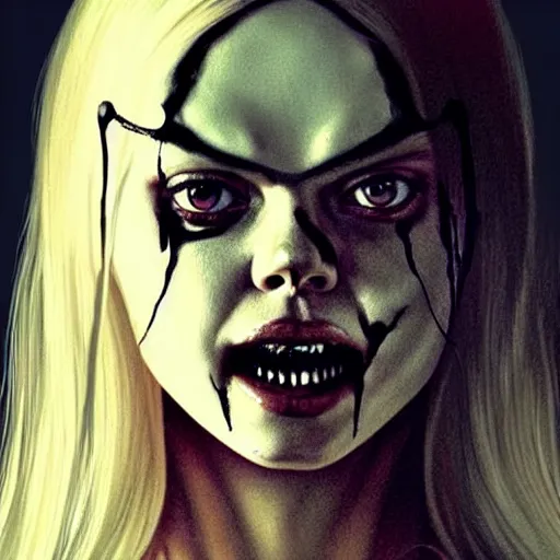 Prompt: gorgeous female Samara Weaving, horror movie slasher, slasher movie, realistic character concept, full body shot, violent pose with knife in hand, creepy evil smile, shorter neck, illustration, symmetrical face and body, realistic eyes, artstation, cinematic lighting, hyperdetailed, detailed realistic symmetrical eyes, face by artgerm, symmetrical nose, cgsociety, trees, forest, 8k, high resolution, Charlie Bowater, Tom Bagshaw, single face, insanely detailed and intricate, beautiful, elegant, vfx, postprocessing:: Rafael Albuquerque comic art, art nouveau, Peter Mohrbacher, pretty female Anya Taylor-Joy vampire sharp vampire teeth open mouth, symmetrical eyes and face, brown leather jacket, jeans, long black hair, full body