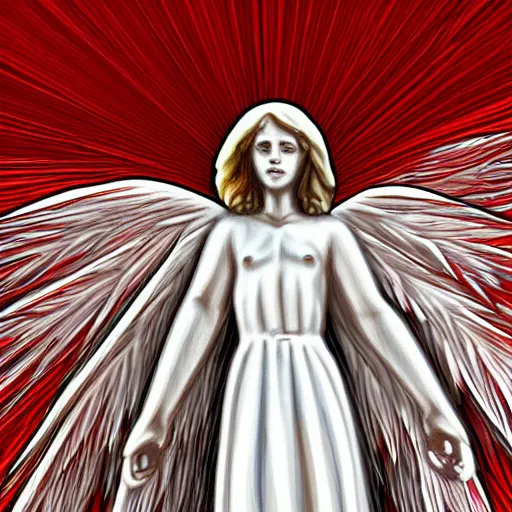 Image similar to biblically acurate angel, highly detailed, white, feathers, red, heavenly, dynamic lighting, realistic.