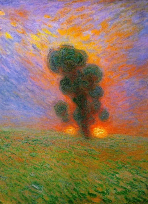 Prompt: dynamic alien landscape with strange trees, floating spaceship, orange and green sunrise, stormclouds, claude monet