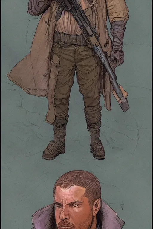 Prompt: vernon. Blade runner 2049 mercenary. Stylized concept art by James Gurney and Mœbius.