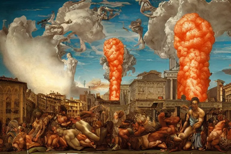 Image similar to an epic destructive nuclear explosion at renaissance florence italy during daylight in the style of michaelangelo, dino valls, peter mohrbacher, james jean, horror element, nightmare, beautiful, nuclear mushroom smoke