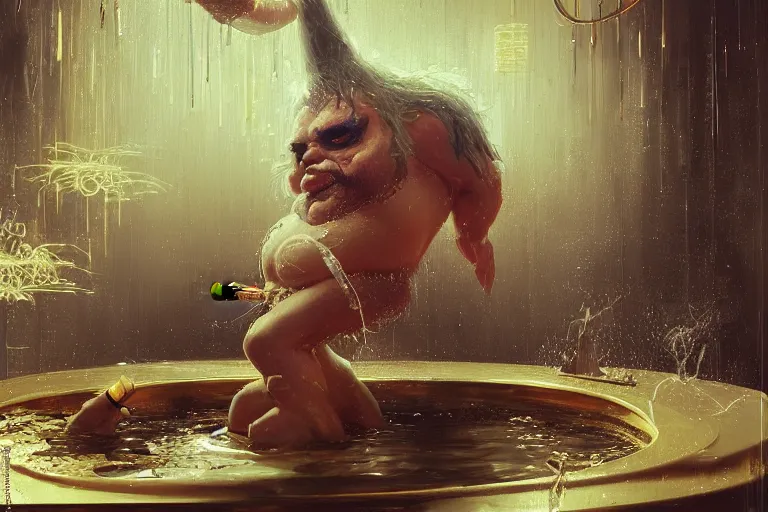 Image similar to Hairy fat dwarf bathing in a gold tub and smoking a cigar, futuristic neon, decorated with traditional Japanese ornaments by Ismail inceoglu dragan bibin hans thoma greg rutkowski Alexandros Pyromallis Nekro Rene Maritte Illustrated, Perfect face, fine details, realistic shaded, fine-face, pretty face