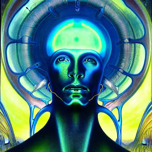 Image similar to realistic extremely detailed portrait painting of a glowing male silhouette, futuristic sci-fi landscape on background by Jean Delville, Amano, Yves Tanguy, Alphonse Mucha, Ernst Haeckel, Edward Robert Hughes, Roger Dean, rich moody colours, blue eyes