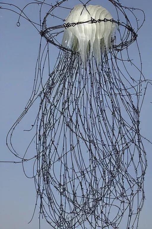 Prompt: a jellyfish with tentacles made out of razor wire