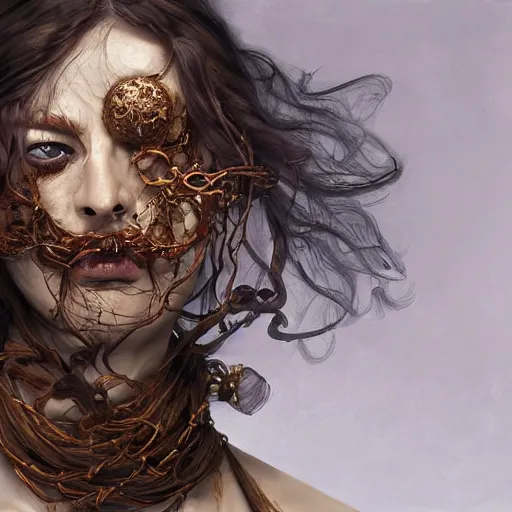 Image similar to portrait of a Shibari rope wrapped face and neck, headshot, insanely nice professional hair style, dramatic hair color, digital painting, of a old 17th century, old cyborg merchant, amber jewels, baroque, ornate clothing, scifi, realistic, hyperdetailed, chiaroscuro, concept art, art by Franz Hals and Jon Foster and Ayami Kojima and Amano and Karol Bak,