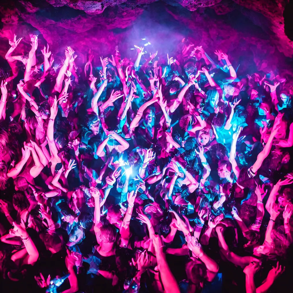 Prompt: cinematic shot of a goth nightclub rave in a cave, brutal weaponry made of pink lasers and blue crystals, goth people dancing, 8k photograph