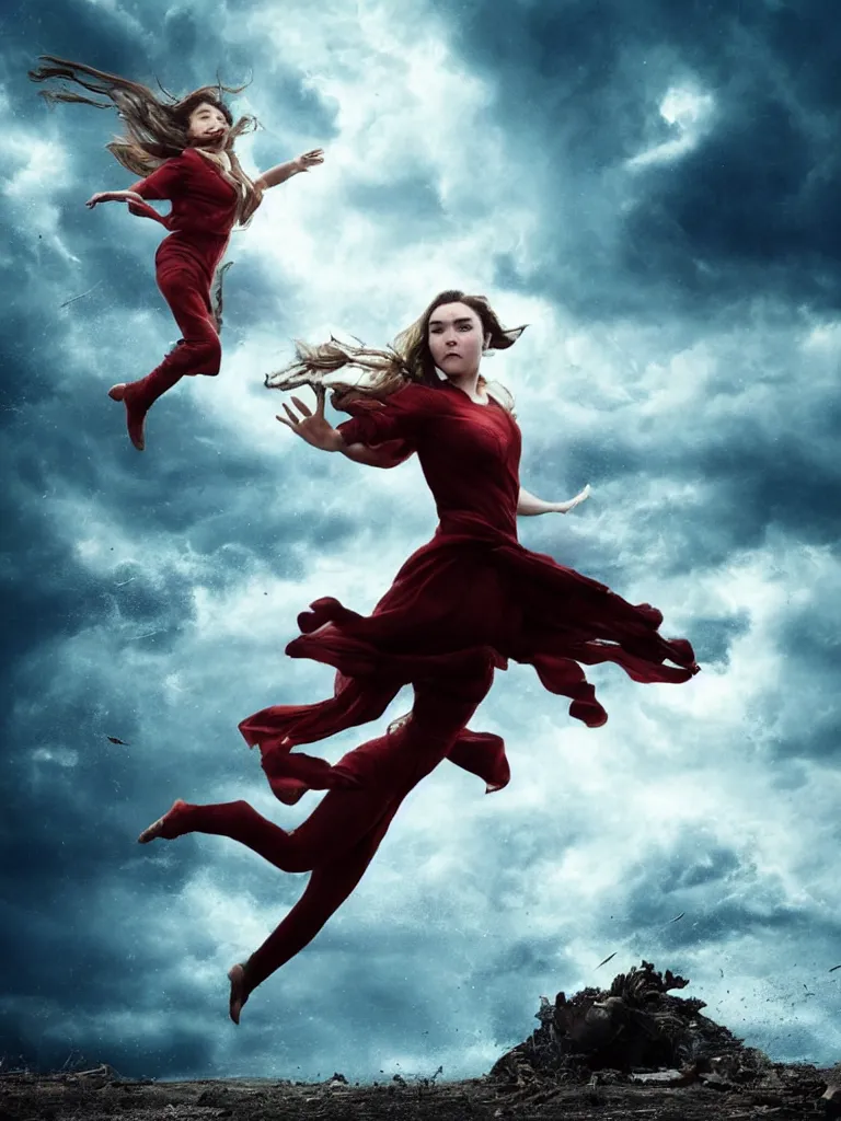 Image similar to expressive full body photo of florence pugh flying through a storm of debris, decolletage, confident pose, coherent, insane detail, concept art, character concept, cinematic lighting, global illumination radiating a glowing aura