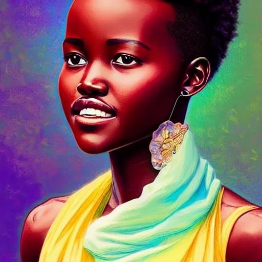 Image similar to gorgeous and beautiful lupita nyong'o, half body shot, angelic, path traced, highly detailed, high quality, digital painting, alena aenami, lilia alvarado, shinji aramaki, karol bak, alphonse mucha, tom bagshaw