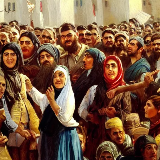 Image similar to a painting of a group of kurdish people standing around a signed declaration of independence for kurdistan, an oil painting by ilya ostroukhov, featured on deviantart, socialist realism, ilya kuvshinov, movie still, oil on canvas