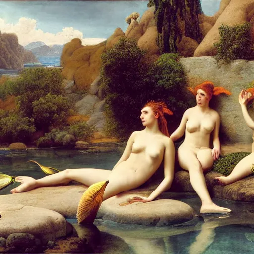 Prompt: a group of mermaids lounging in a desert oasis, by edward poynter and wlop