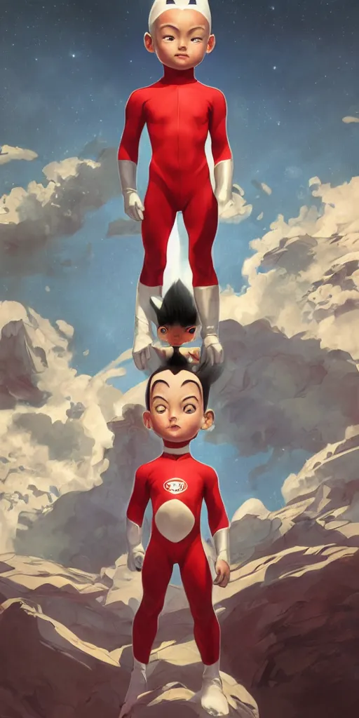 Image similar to portrait of Astroboy, centered full body pose, zenith angle, shadowy area, dramatic lighting, concept art, digital painting, Unreal Engine 5, 8K, art by artgerm and Greg Rutkowski and Alphonse Mucha