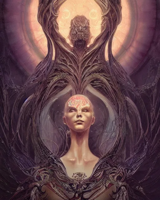 Image similar to perfectly centered portrait front view of a dead rotten beautiful female daemon growing ornamentation, ornate, detailed, symmetrical, elegant, beautifully soft lit, by wayne barlowe, peter mohrbacher, kelly mckernan