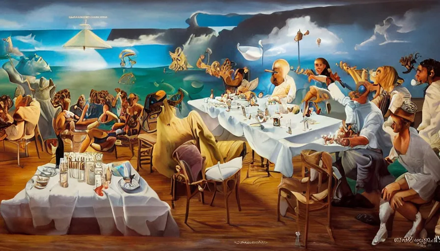 Image similar to RHADS, fever dream, Salvador Dali, party, mural