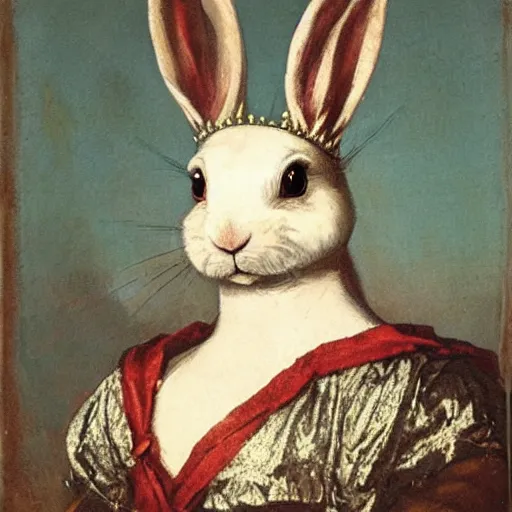 Image similar to a rabbit wearing a crown dressed as a queen, 19th century oil painting