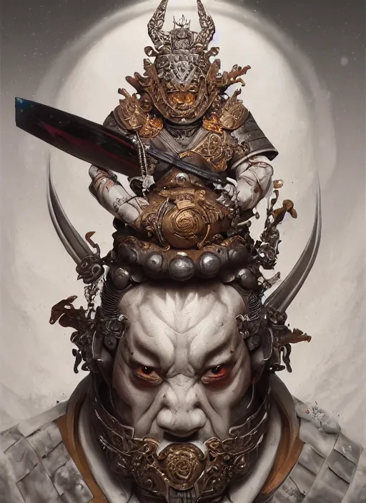 Image similar to subsurface scattering, white, koi, samurai deity with carved ivory armor, by jesper ejsing, james jean, justin gerard, tomasz alen kopera, cgsociety and fenghua zhong, highly detailed, rim light, cinematic lighting, illustration, art, octane render, very coherent, cinematic, hyper realism, high detail, 8 k