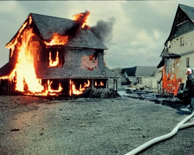 Image similar to a movie still from 'A Goose Set my House on Fire', 40mm tape, technicolour film, goose in foreground!!!!, housefire, letterboxing, widescreen