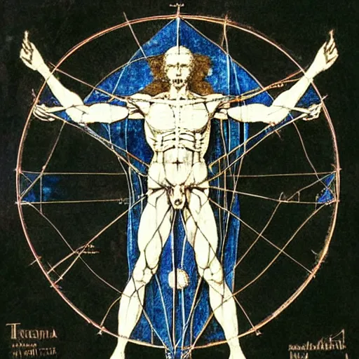 Image similar to blue print of tooth fairy, vitruvian man, leonardo da vinci