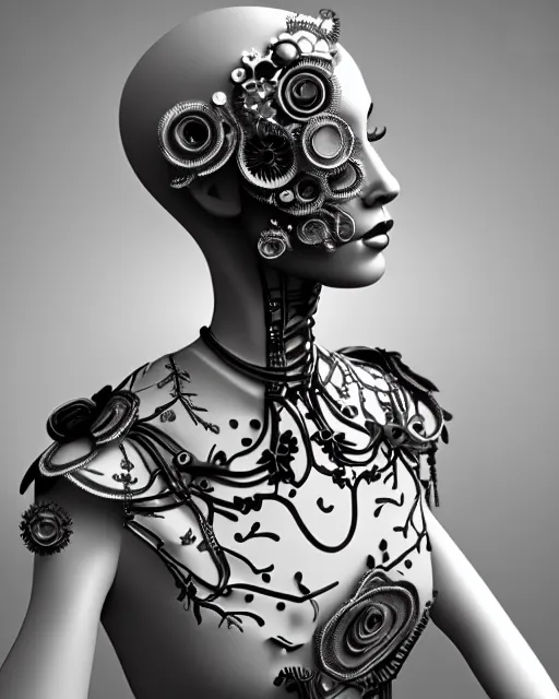 Image similar to monochrome 3 d model, 1 9 4 0 picture, silver floral steampunk biomechanical beautiful young female cyborg with porcelain profile face and a techno eye, volumetric light, leaves foliage and stems, hibiscus flowers, sinuous fine roots, fine foliage lace, alexander mcqueen, rim light, big gothic fashion pearl embroidered collar, octane render, 8 k