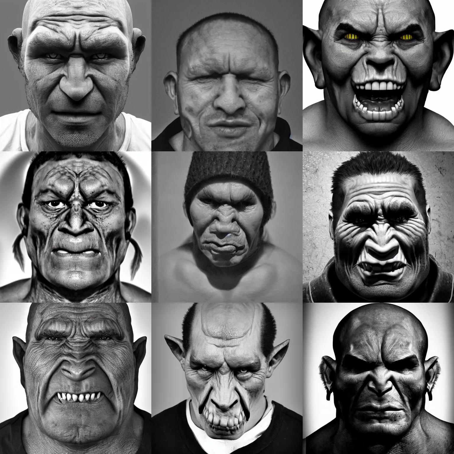 Prompt: black and white mugshot photo of an orc