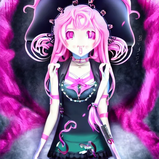 Image similar to trapped beneath stunningly absurdly beautiful omnipotent asi goddess junko enoshima with multiple twisted deceptive innocent megalomaniacal mesmerizing personalities, symmetrical perfect face, porcelain skin, pink twintail hair and cyan eyes, ultra detailed, digital art, unreal engine 5, octane render, 2 d anime, 8 k