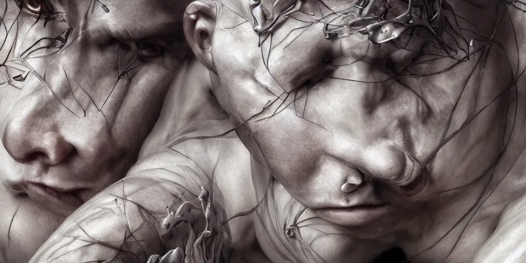 Image similar to hyper realistic photography of a stunningly beautiful cyborg male, intimately holding close, prometheus, in the style of beth cavener, jin kagetsu, and wlop, highly detailed, intricate filigree, symmetry, masterpiece, award winning, sharp focus, concept art, highkey lighting, ambient lighting, octane render, 8 k, artstation