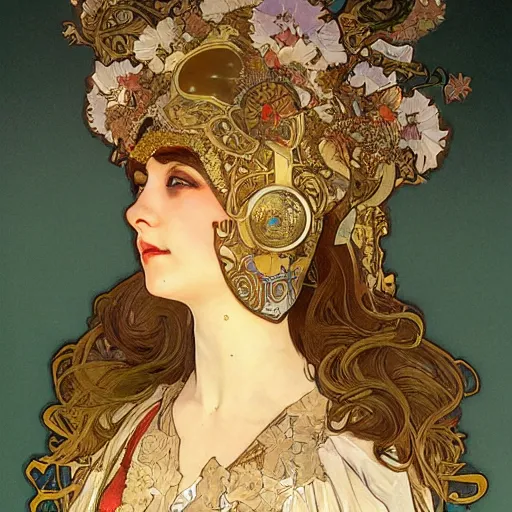 Prompt: A close-up portrait of a beautiful female robot wearing an intricate venetian mask by Alphonse Mucha, exposed inner structure, glowing eyes, art nouveau card, wlop, trending on artstation