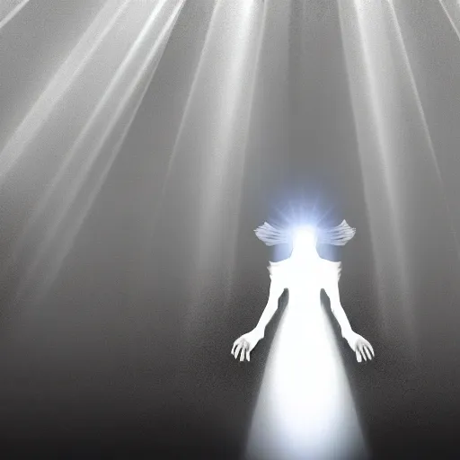 Prompt: A beam of light and a burst of white energy mark the coming of an angel. Stepping out of the sunlight, a mysterious being with clear, white eyes stands in front of you.