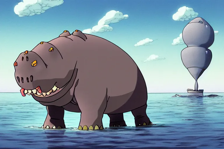 Prompt: cell shaded cartoon of a giant lovecraftian mechanized grey hippo from howl's moving castle ( 2 0 0 4 ), in an african river, full body, wide shot, very muted colors, post grunge, studio ghibli, highly detailed, deviantart, art by artgem