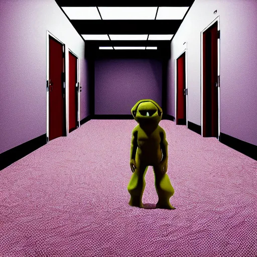Image similar to the creature from It Follows in a Liminal space, the backrooms, office/thrift store/social hall, carpet, abandoned, poor fluorescent lighting, yellow tint, security camera footage, low resolution