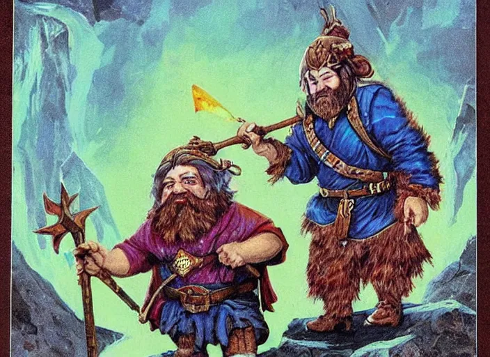 Prompt: a dwarf sorcerer holding a pickaxe and a large jewel. his eyes are glowing. high fantasy art ( 1 9 8 7 )