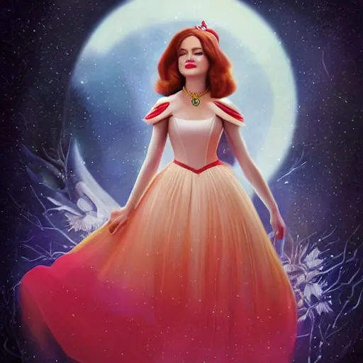 Image similar to digital painting of Emma Stone as a Disney princess wearing snow white's dress, Pixar style, professional studio lightening, volumetric lightening, photorealism by Tristan Eaton Stanley Artgerm and Tom Bagshaw