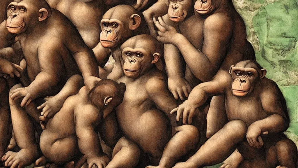 Image similar to fresco of chimpanzees, painted by Michelangelo, 1510