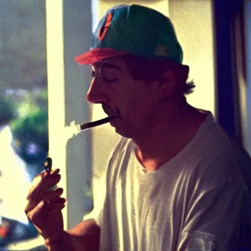 Image similar to Mario smoking a cigarette in a spooky Harmony Korine film aesthetic!!!