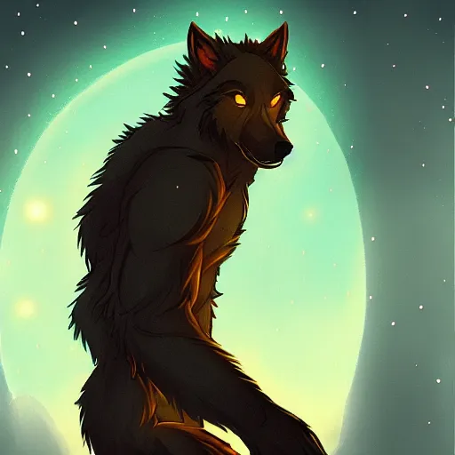 Prompt: a beautiful werewolf at night, kawacy, backlighting, furry art