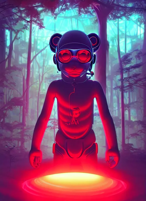 Prompt: cyber monkey in the scifi forest, in style james jean, ilya kuvshinov, hot colors, global illumination ray tracing hdr radiating a glowing aura